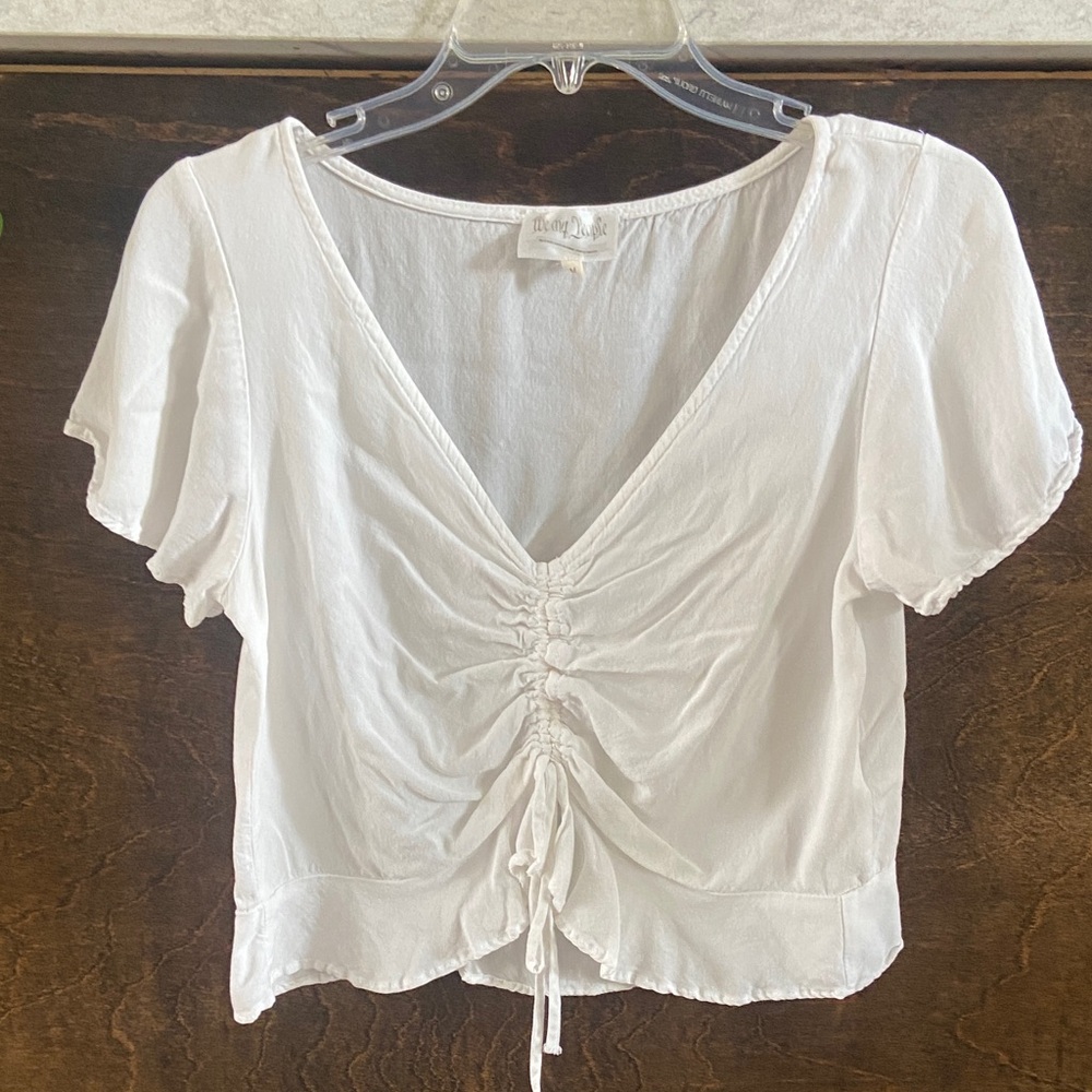 We My People White Ruched V-Neck Adjustable Drawstring Crop Top, size M